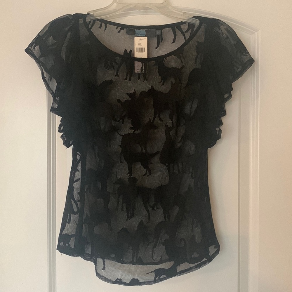 Eva Franco Dog Print Sheer Mesh Flutter Sleeve Shirt Top Blouse size S